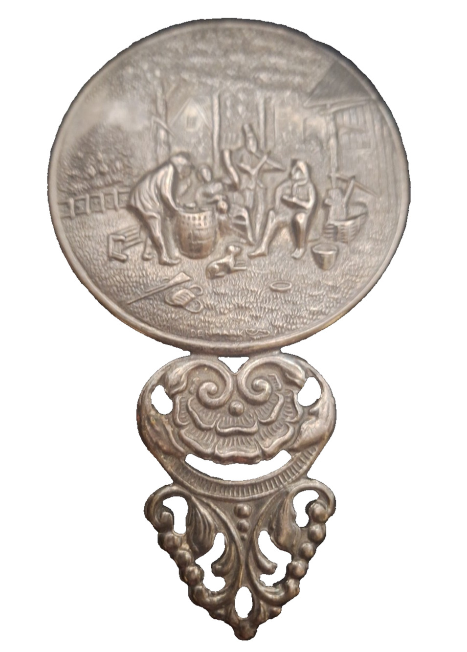 Vintage Hans Jensen Denmark Silverplate Pocket Mirror Repousse Village Folk Art